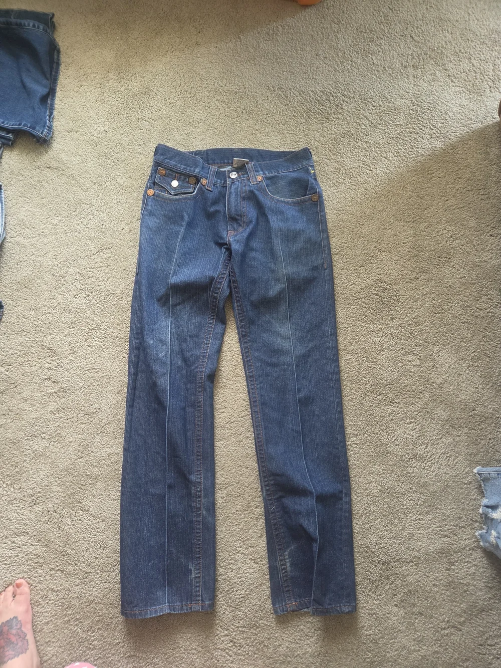 True Religion Men's Blue Denim Jeans with Orange Stitching